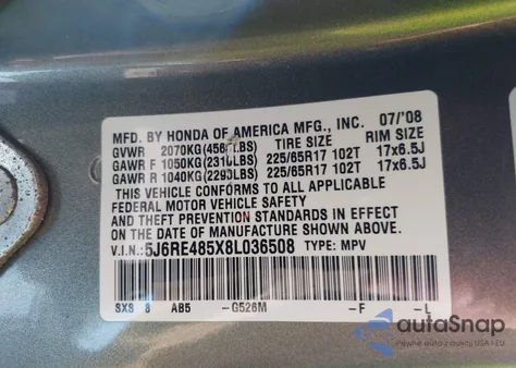 2008 Honda Cr-V Ex from USA, damaged, VIN 5J6RE485X8L036508